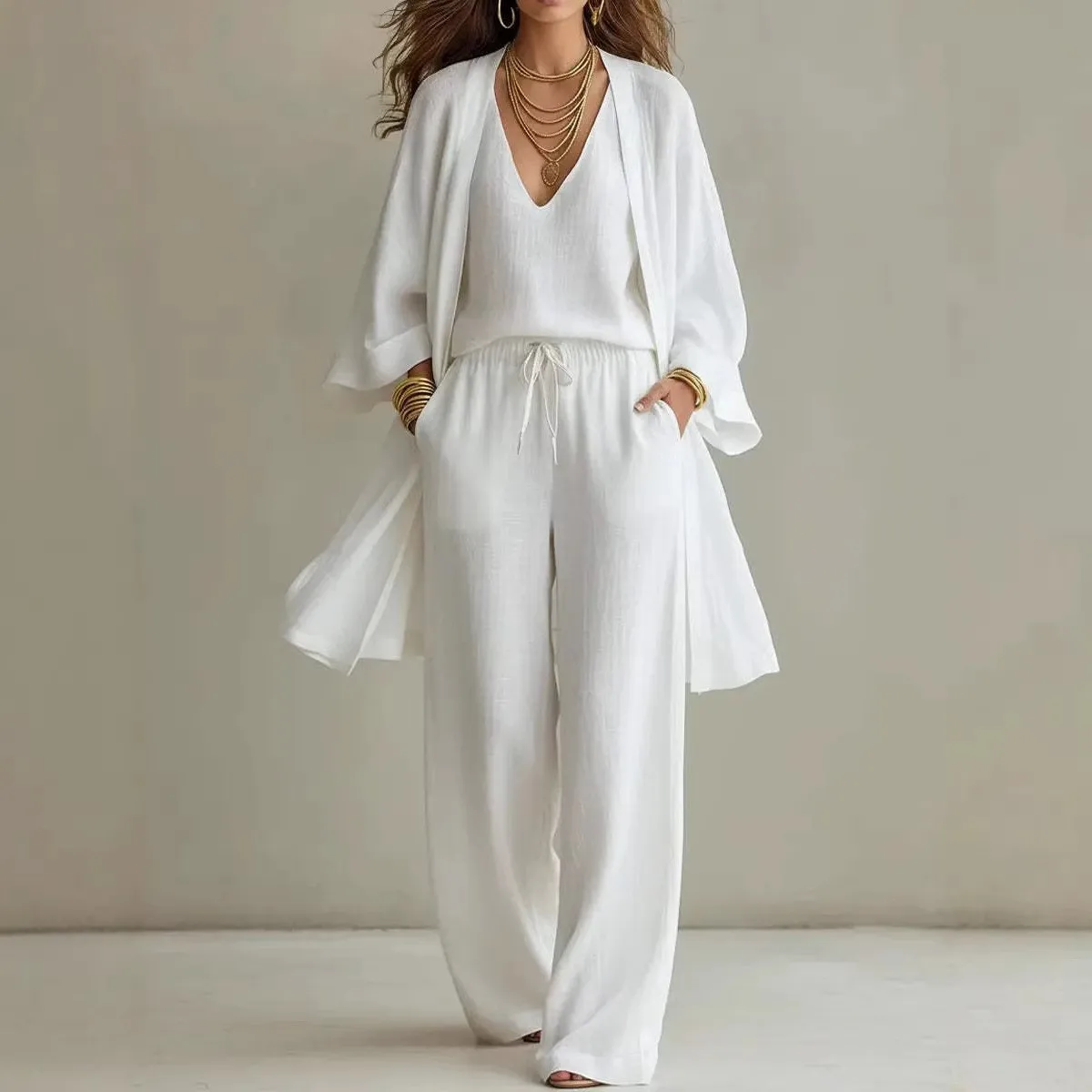 

Summer Women's Suit 2 Piece Set Cotton Blend Wide Leg Pants V Neck Top Drawstring Waist Beige Trousers Loose Fit Lightweight