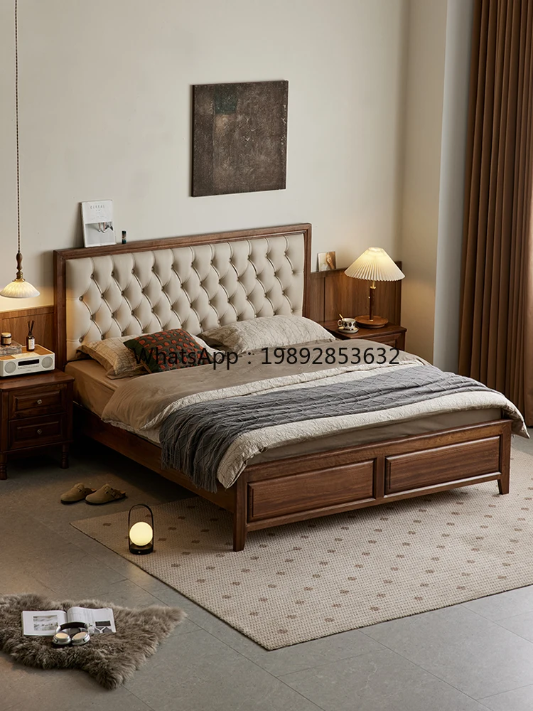 LYY Black Walnut Solid Wood Bed Nordic Simple Genuine Leather Master Bedroom Double Home Retro Upholstered Bed