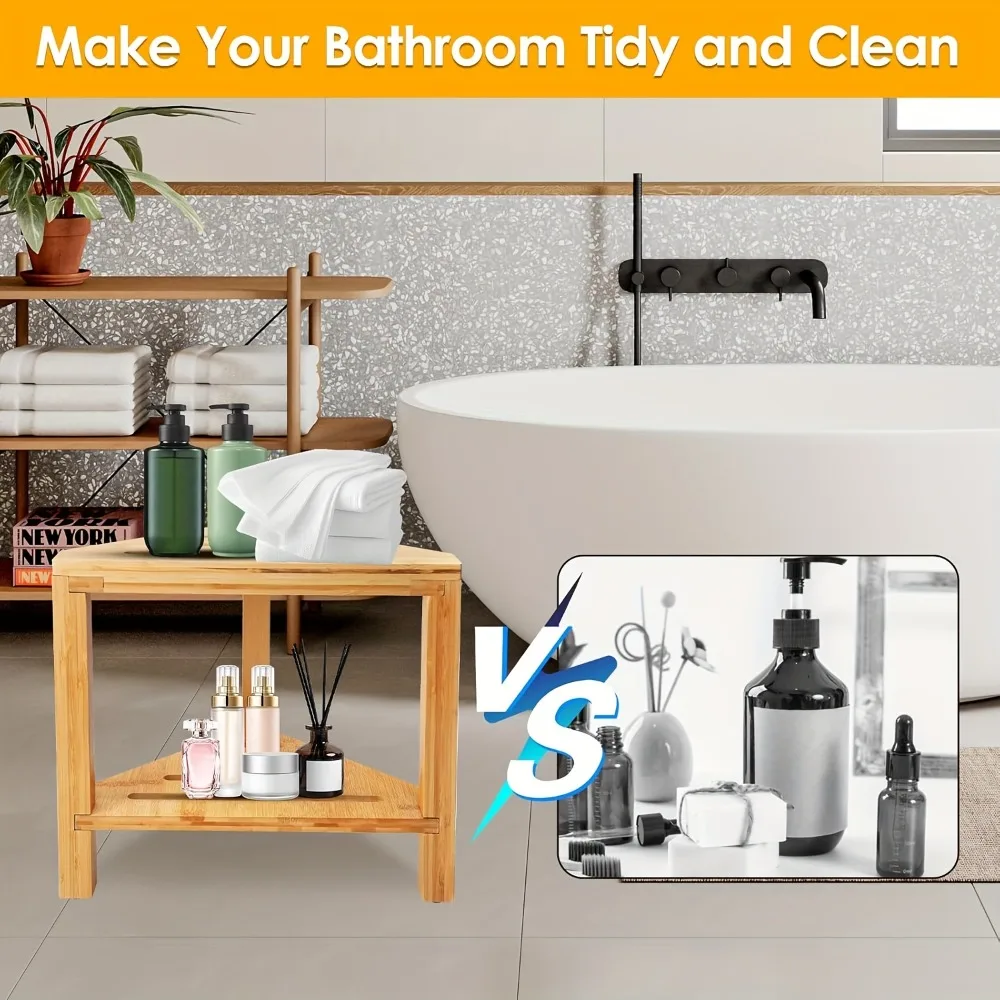 Shower Foot Rest Wood Shower Stool for Shaving Legs Waterproof Corner Shower Stool with Storage Shelf for Inside Shower Spaces image 5