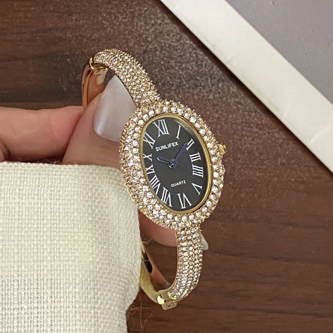 Sunlifex الماس مرصع البيضاوي الهاتفي الإسورة ساعة اليد للسيدات سوار كوارتز العلامة التجارية الشهيرة الساعات النسائية Saati Relojes