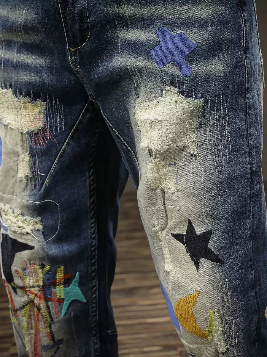 Streetwear Fashion Men Jeans Retro Blue Stretch Slim Fit Embroidery Ripped Jeans Men Patch Designer Hip Hop Denim Pants Hombre