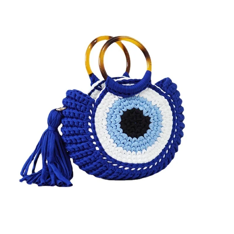 Evils Eye Crossbody Bag Large Capacity Woven Ba Big Blue Eye Monster Handbag Leisure Beach Bag Handbag Handmade Crochet Tote Bag