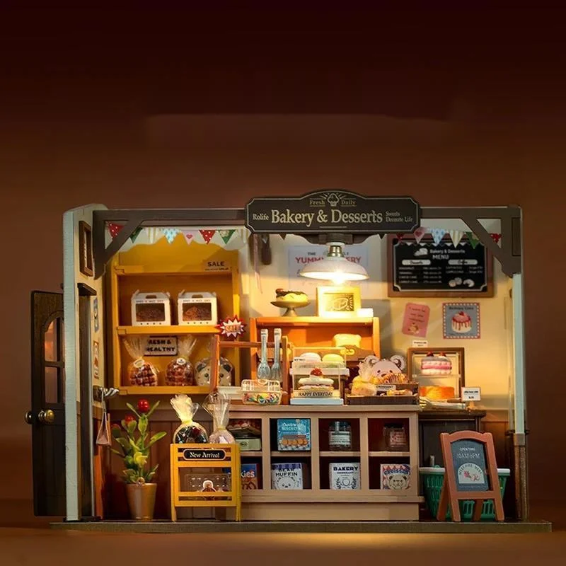 DIY Miniature Bakery House ชุดไม้ 3D ปริศนาของเล่นบล็อกอาคาร Bekaa Little House ชุดของขวัญส่งฝุ่นสีกล่องใหม่