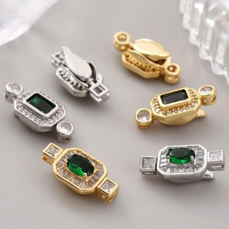 

1pcs 18K Gold Plated Ingot Green Zircon Connector Bras Metal Pearl Buckle Fastening Lock Accessories DIY Necklace Jewelry Making