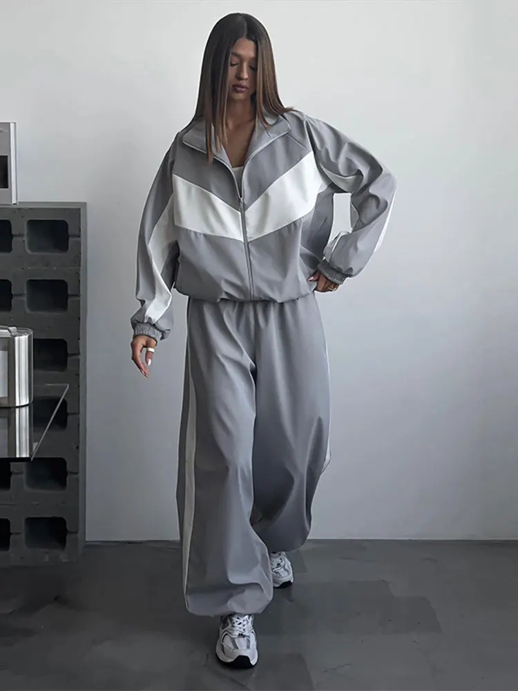 Getäfeltes, langärmliges, übergroßes Oberteil, Hosen-Sets für Damen, Streetwear, Laternenärmel, Reißverschluss, lockerer Mantel, Hose mit weitem Bein, modische Sportbekleidung – Detail 18