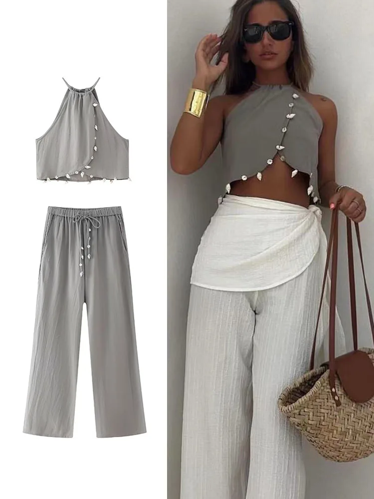 TRAF Elegant Summer Women's Solid Shell Suit Fashion Halter Collar Sleeveless Camis Top High Waisted Wide Leg Pants Set 2024