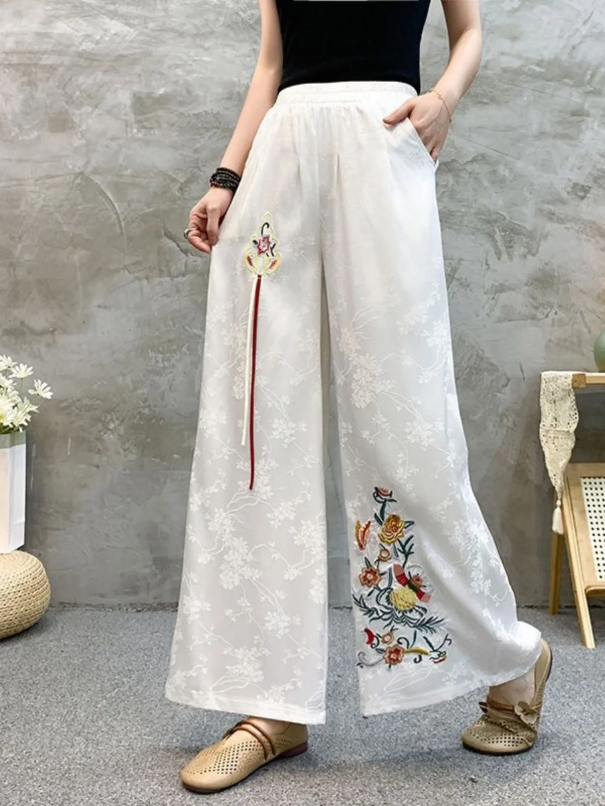 New High Waist Silk Face Embroidered Women's Summer Wide Leg Pants Long Trousers Ethnic Chinese Style Heavy Embroidery Skirt ...