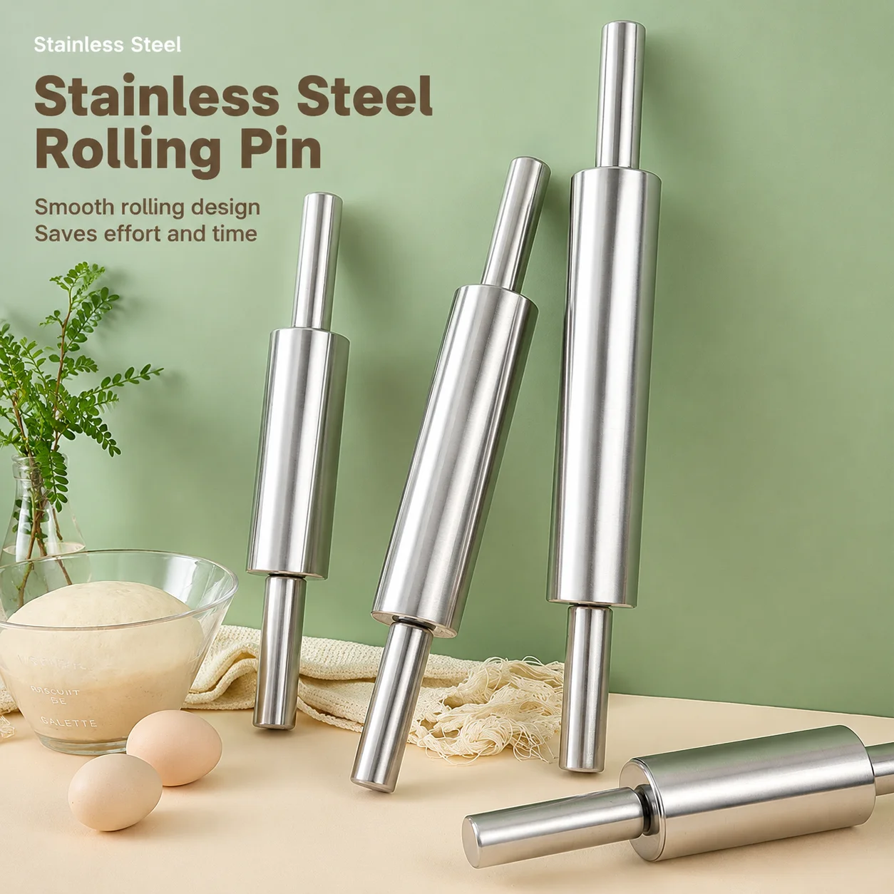 Stainless steel rolling pin for home use  dough-pressing tool for dumplings and noodles  seamless roller for kitchen baking