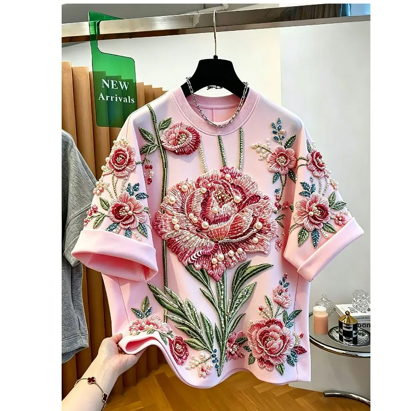 Extra-large Size Men's and Women's Summer Pink Beaded Round-neck Short-sleeved T-shirt Loose Top for Chubby Girls Look Slimmer