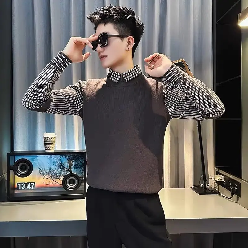 

Men's Knitted Sweater Fce Lined Thi Casual Base Layer irt Fake Two-Piece Autumn Winter Faion Comfortable Polyester