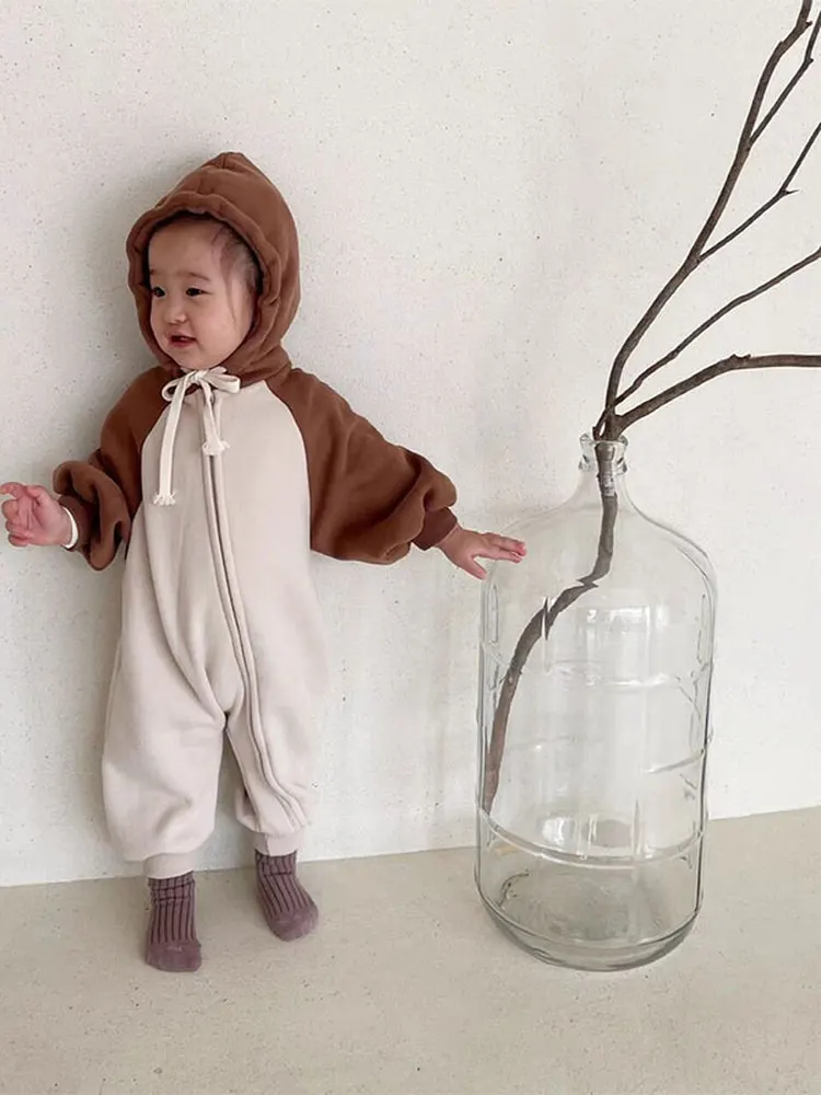 

Весенне-осенний повседневный свободный длинный комбинезон для малышей Rer, универсальный комбинезон с капюшоном, прямые брюки для поездок на работу