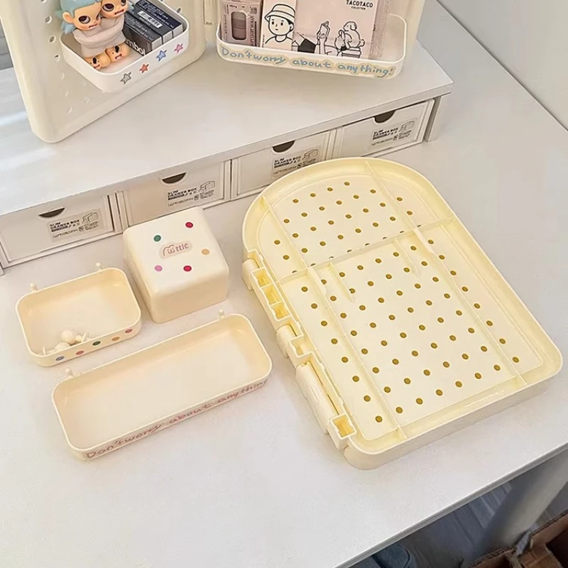 Cute Foldable Corner Pegboard Desk Organizer Kawaii Stationery Storage with Removable Bins Hooks Ideal for Office Study Table