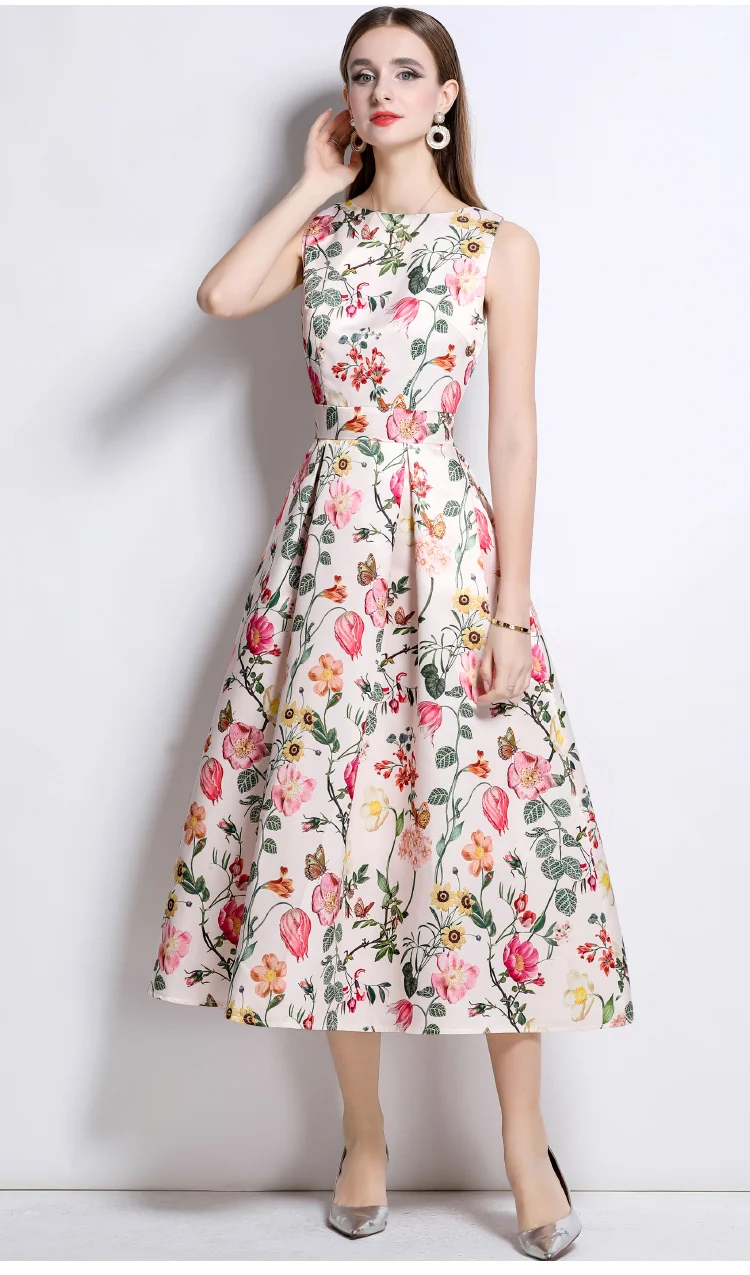 2025 neue Sommer Frau Kleider Elegante Oansatz Ärmellose Hohe Taille Drucken Midi Kleider Weibliche Kleidung