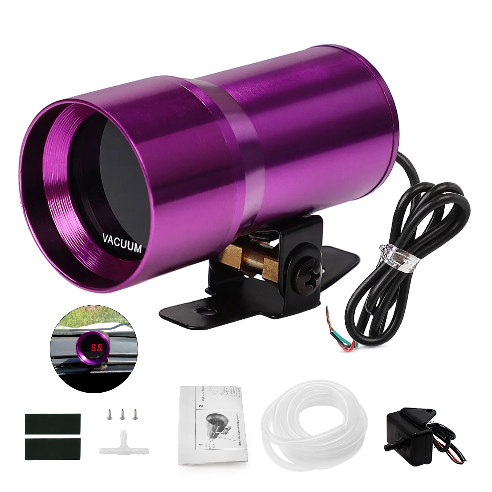 

37mm 12V Digital Car Auto Vacuum Gauge -1~0Bar Red LED Display Mini Smoke Lens Meter Purple With Sensor black YC100151-BK