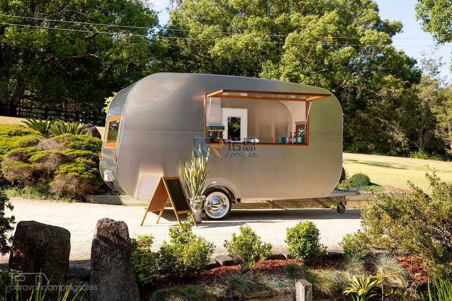 ชายหาดที่กำหนดเองโทรศัพท์มือถือบาร์กาแฟรถบรรทุกมือถือร้านอาหาร Trailer อาหารติดตามเตาอบทอด