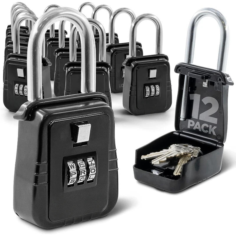 12-Pack Alpha Key Lock Box with Code , Short Term Rental Key Safe Lock Box, Holds 5 Keys, Black