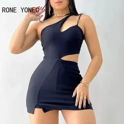 Mulheres chiques solid skew collar um ombro alças de espaguete sem mangas bodycon vestido macacão