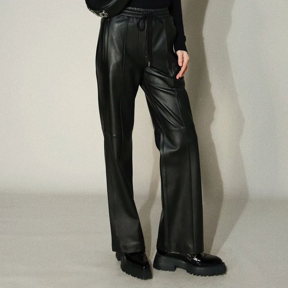

Tao Ting Li Na Genuine Leather Pants, Elastic Waist Drawstring Design, Slim Long Sheepskin Wide-leg Pants