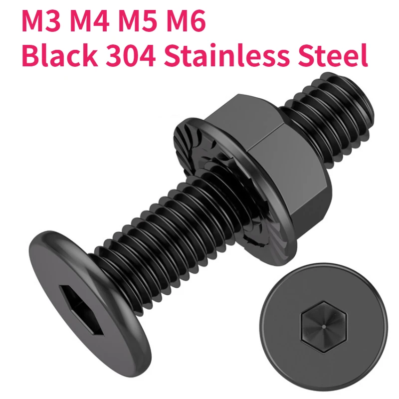 M3 M4 M5 M6 Black 304 Stainless Steel Hexagon Socket Ultra Thin Flat Wafer Allen Head Bolt Screw And Serrated Flange Nut Set