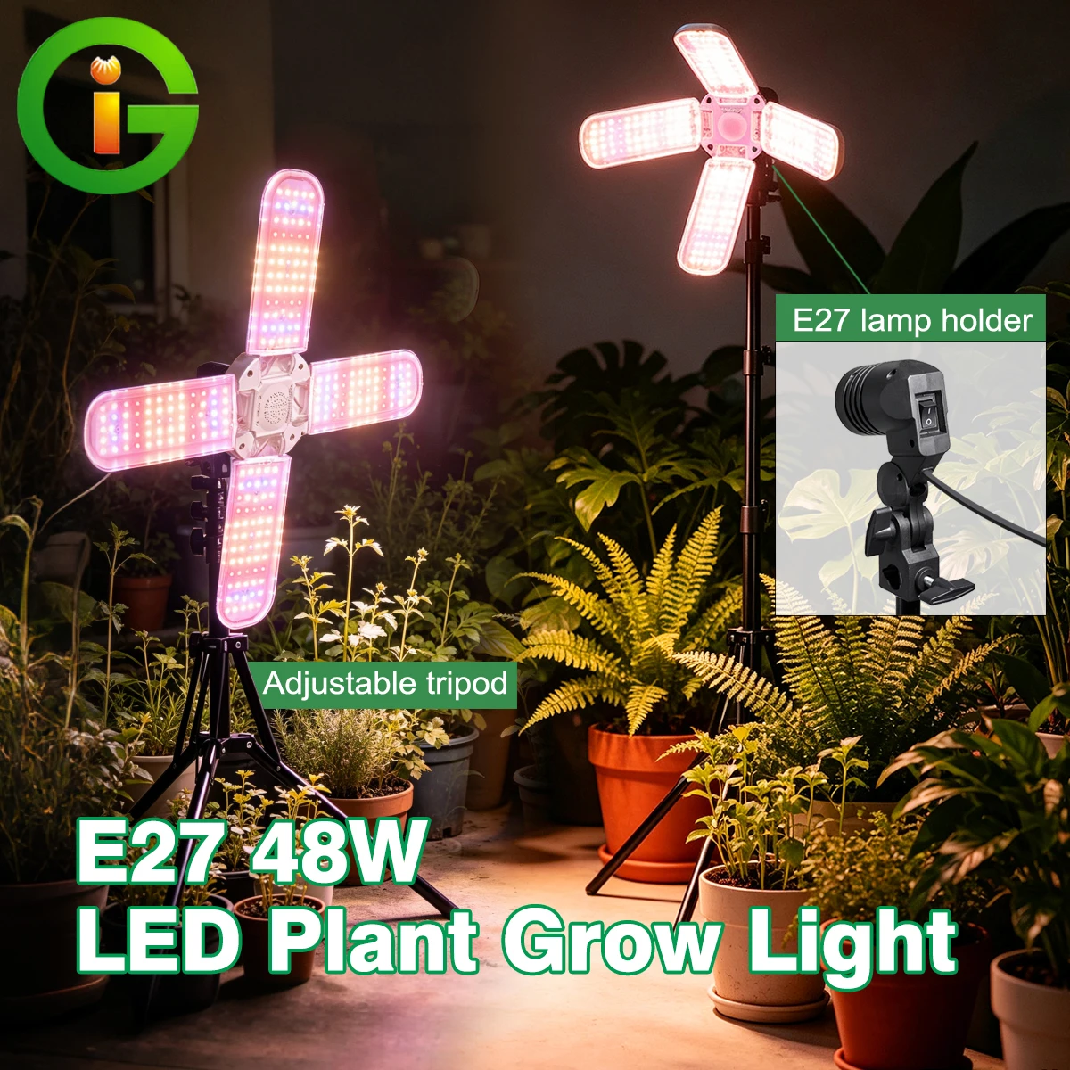 Lampada LED per Coltivazione 48W E27 con Clip, Spettro Completo, Impermeabile, Flessibile e Pieghevole, con Treppiede da Pavimento e Interruttore per Piante da Interno, Succulente, Idroponica e