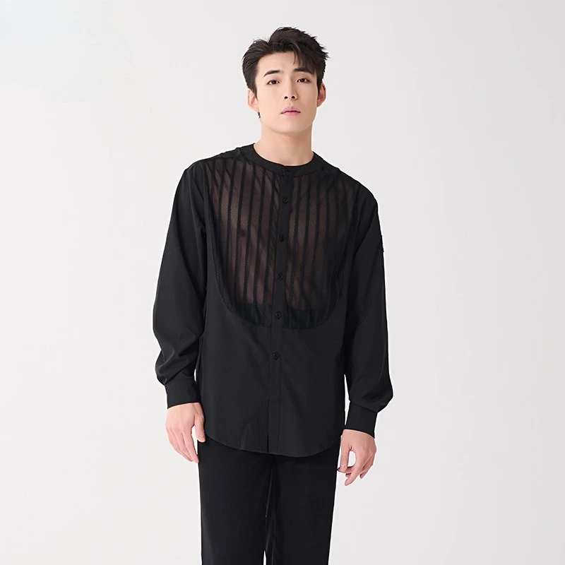 Maßgeschneiderte lateinamerikanische Gesellschaftstanzkleidung für Herren, hochwertiger professioneller Übungsanzug, langärmelige Oberteile, Performance-Kostüme