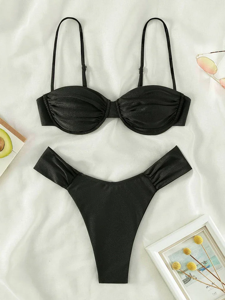 OIINAA Bathing Suit Women Sexy Solid Swimwear Pleated Bikini Set 2024 Summer Swimsuit Two-pieces New Beachwear Female Biquinis