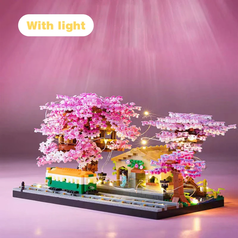 Mini Sakura Tree Building Blocks Set Diy Cherry Blossom Bricks with Light Treehouse Model Ornament Romantic Gift for Girlfriend