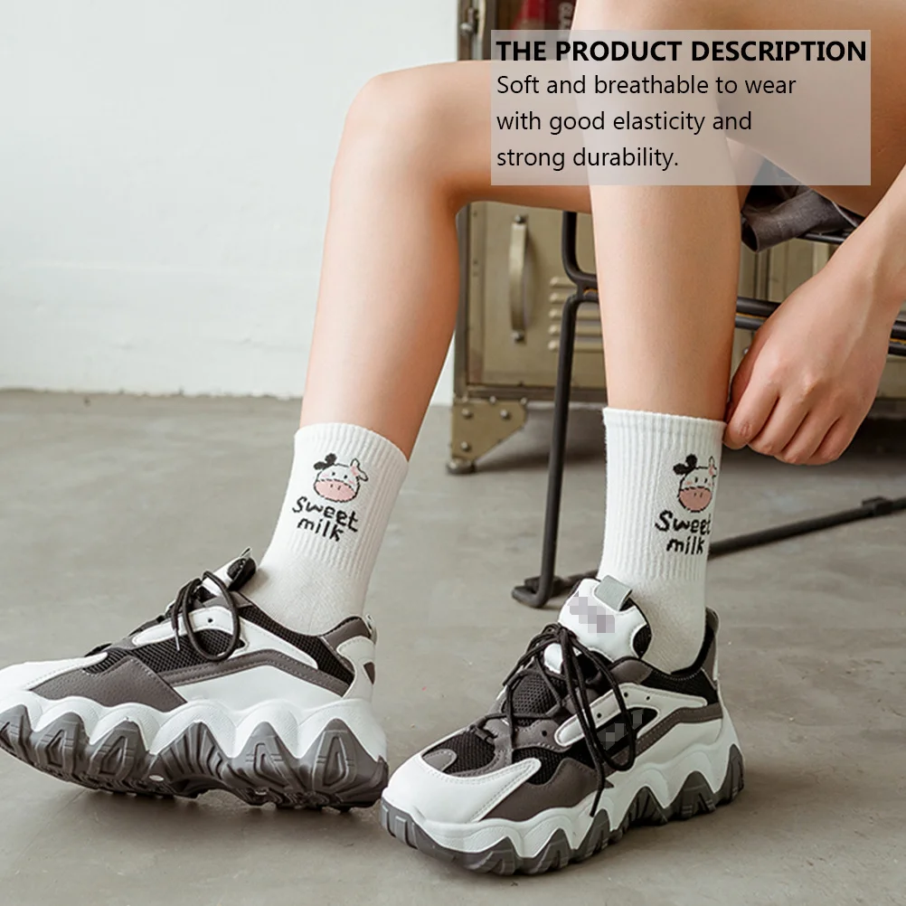 

5 пар черно-белых хлопковых носков с коровьим дизайном, дышащие женские носки до середины икры, мягкие и удобные для бега, прогулок