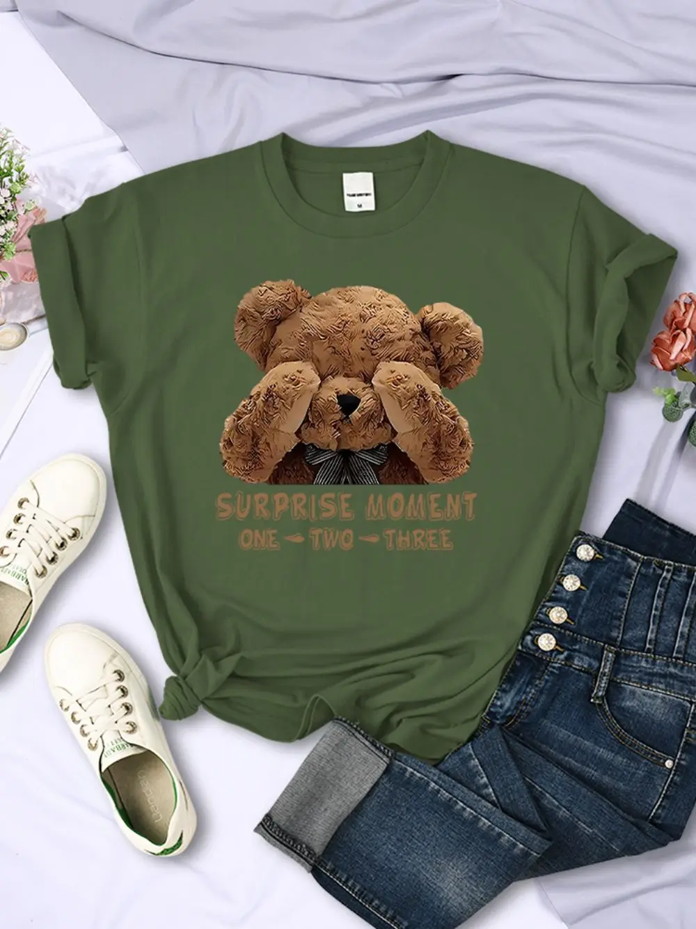 Summer Womans T-Shirts One Two Three Teddy Bear Printed Tops Breathable Soft O-Neck Tee Shirts Casual Cartoons Female Clothes