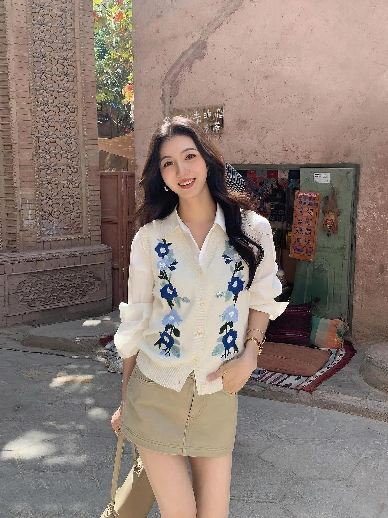 

Mulvan винтажный вязаный открытый кардиган с вышивкой V-Ne, жилет, женский свободный многослойный топ без рукавов, осень 2025 г.