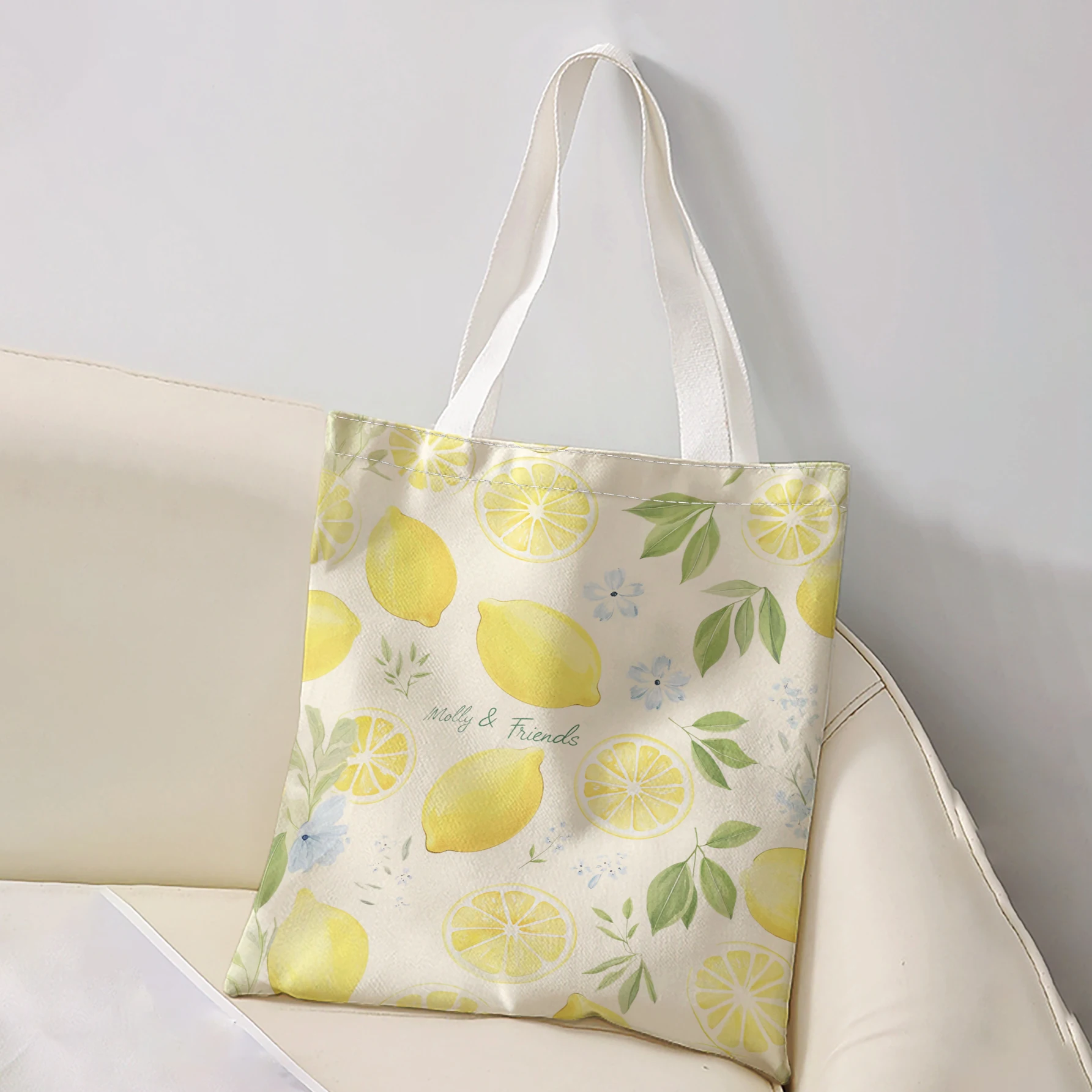 Watercolor Lemon Slice Green Leaf Tiny Blue Floral Print Tote Bag Large Capacity Shoulder Bag For Shopping Travel Daily Use