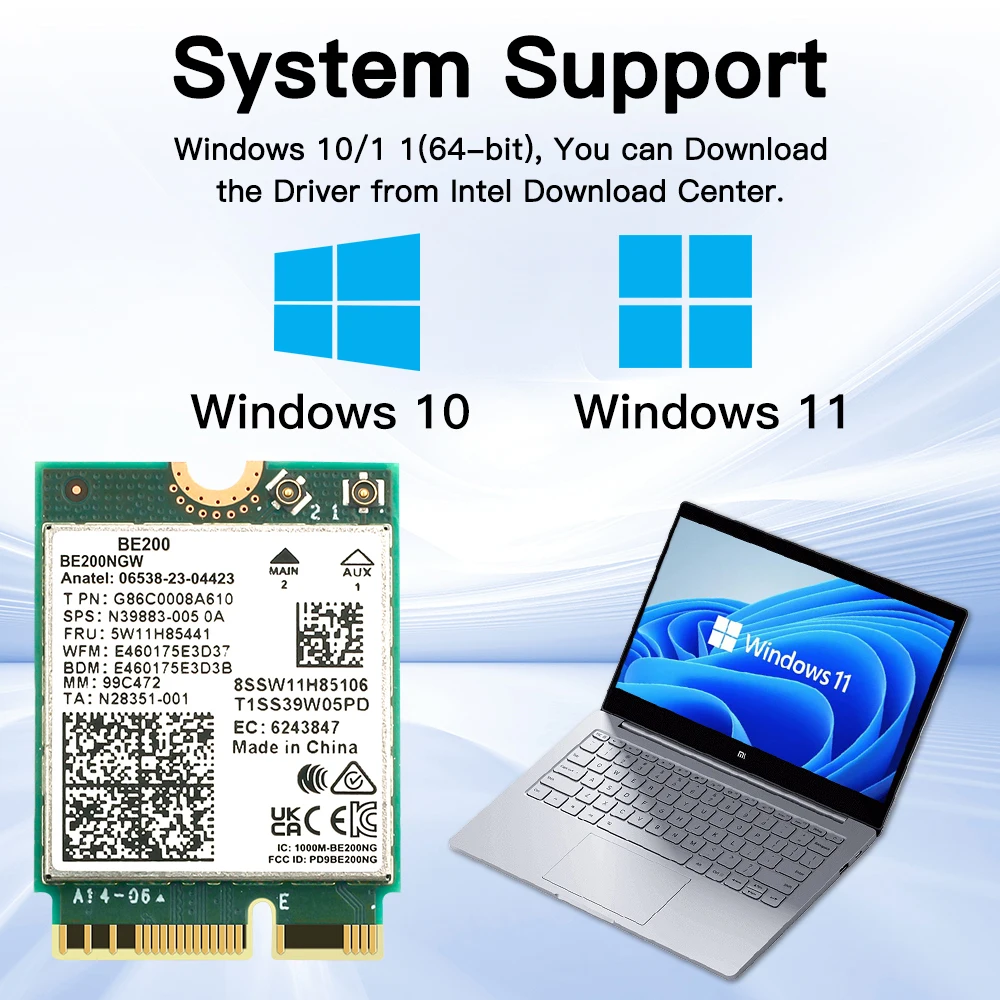 

Wi-Fi 7 BE200 Bluetooth 5,4 Wi-Fi карта 2,4/5/6 ГГц 5,8 Гбит/с для ноутбука Windows 11