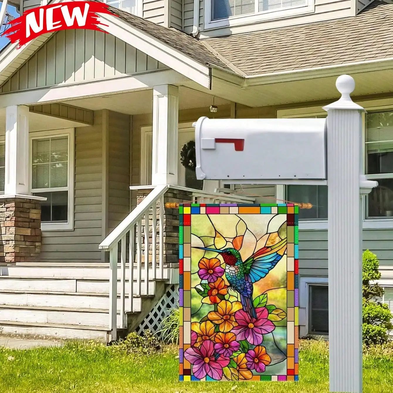 

Весенне-летний сезонный садовый флаг, вертикальный баннер для двора с изображением колибри и цветочным узором из витражного стекла, яркий уличный декор для фермерского дома