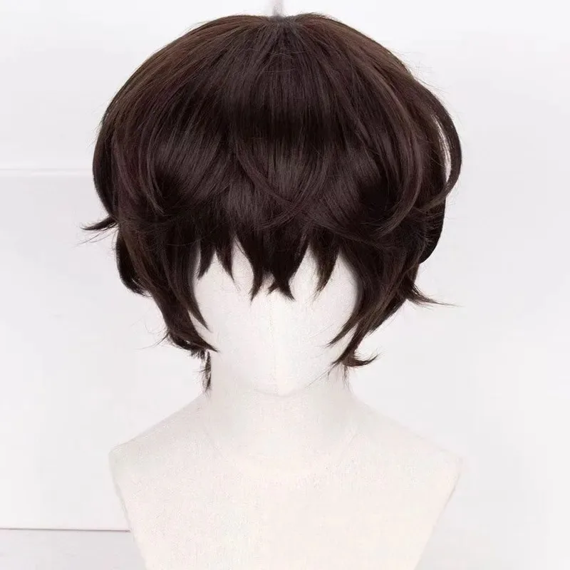 Парик Дазай Осаму, аниме Бунго, бродячие собаки, косплей, короткие коричневые термостойкие волосы, парики, галстук-боло, ожерелье, бесплатные колпачки, 3 дюйма, 6, 8 дюймов