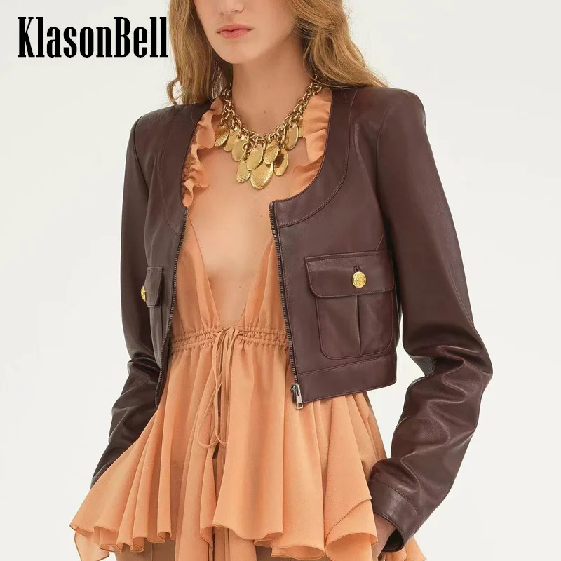 

8.14 KlasonBell Women Elegant All-matches O-Neck Short Sheepskin Jacket Double Pocket Gold Button Real Leather Female Coat