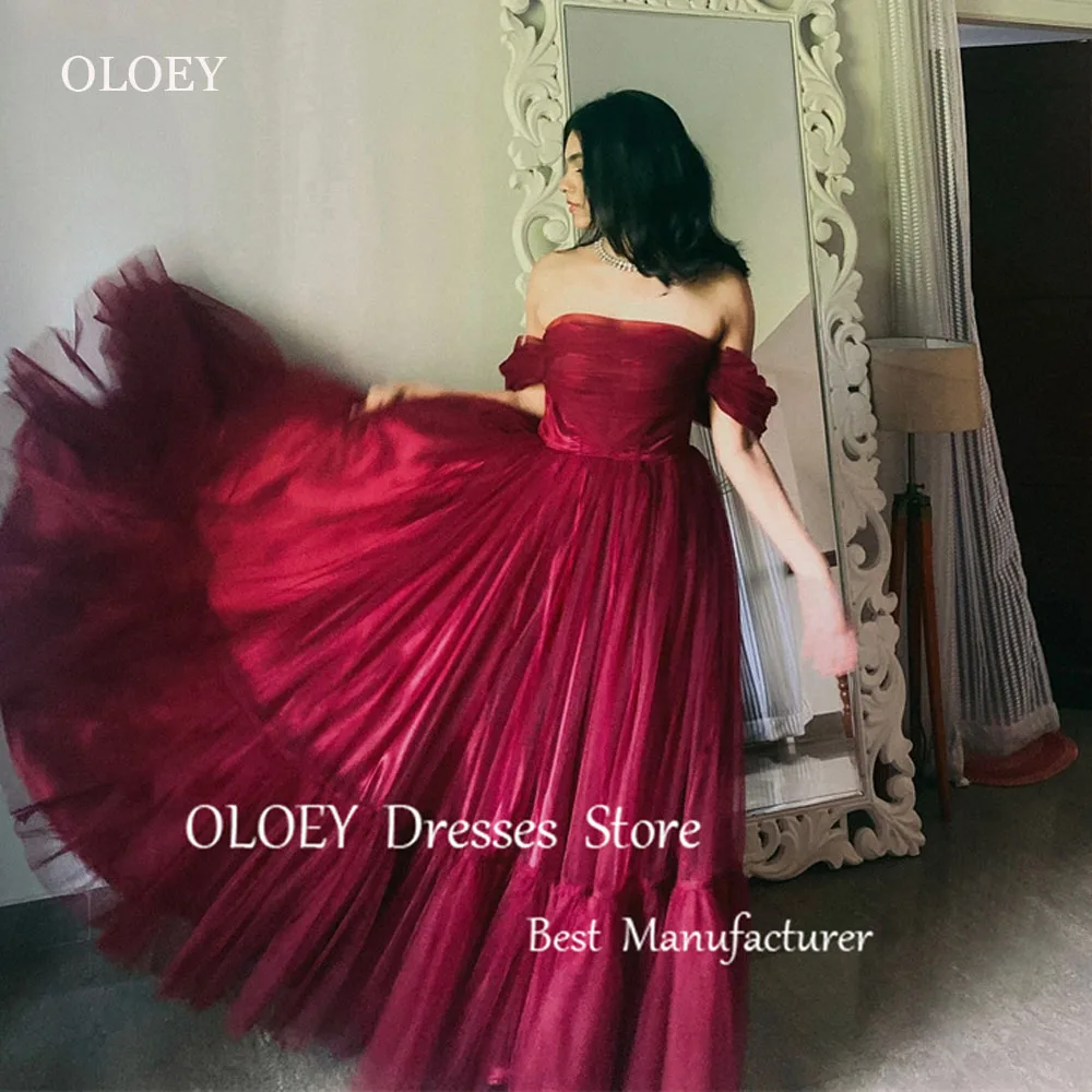 OLOEY Dark Red Tulle Evening Dresses Off Shoulder Short Sleeves Floor Length Prom Gowns Plus size Formal Party Dress Wedding