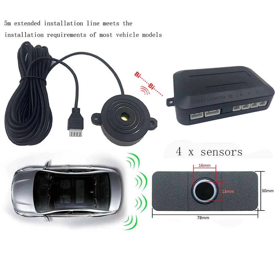 Car Parking Sensor Assistant Parktronics 4 Black/Silver/White/Gray/Blue 13mm Flat Sensors Reverse Radar Sound Buzzer Alarm Sound