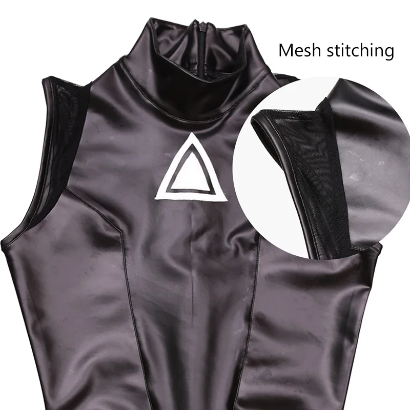 Women Sexy PU Leather Bodysuits Sleeveless Mesh Stitching Faux Latex Bodycon Jumpsuits Ladies Nightclub Cosplay Rompers Custom