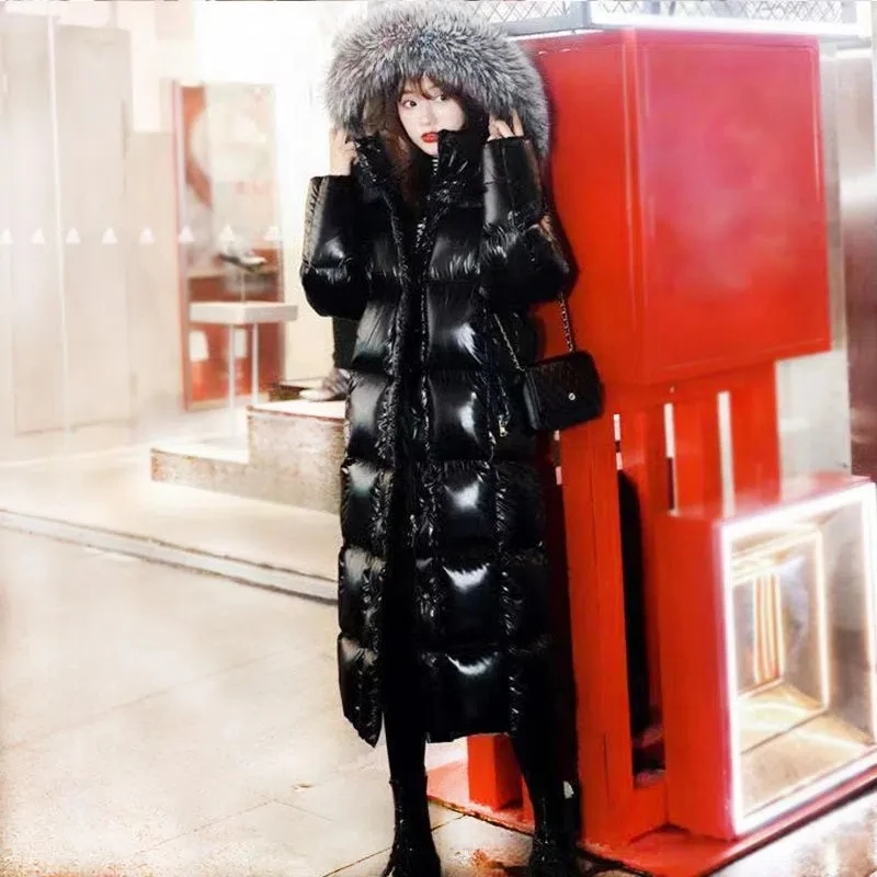 New Down Korean Women Knee-length Black Glossy Warm Fur Collar Cotton-padded