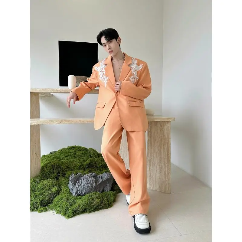 

Spring 2026 Label Mens Suit Bright Orange Embroidered Patchwork Long Pants Trendy Casual Wear for Young Men