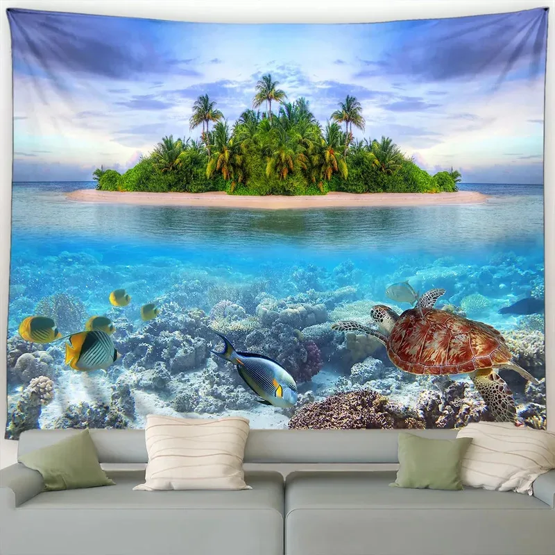 VIKAMA Island Scenery Tapestry, Beach Palm Trees, Dusk Waves, Hawaiian Ocean, Suitable For Living Room And Home Decoration