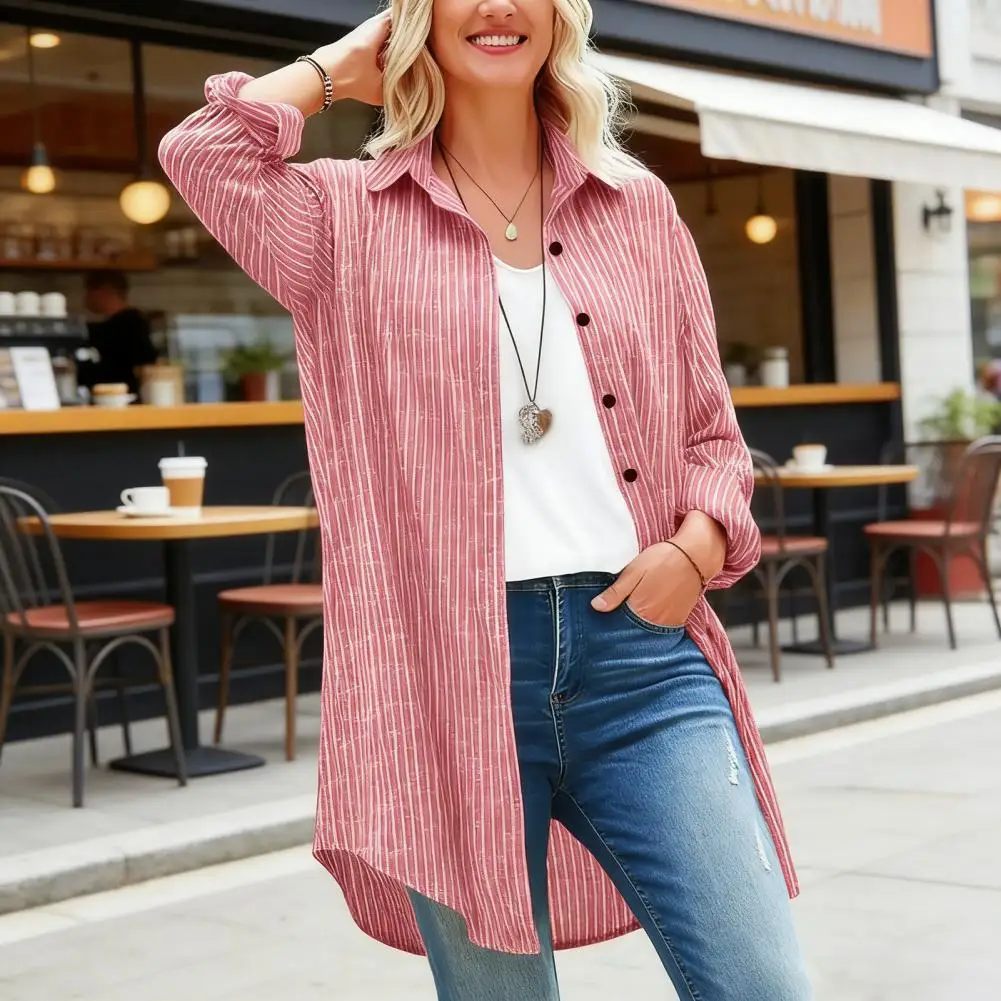 

2026 Women Shirt Lapel Long Sleeve Loose Fit Shirt Tops Striped Print Mid-length Summer Casual Tops Work Party Vacation Daily We