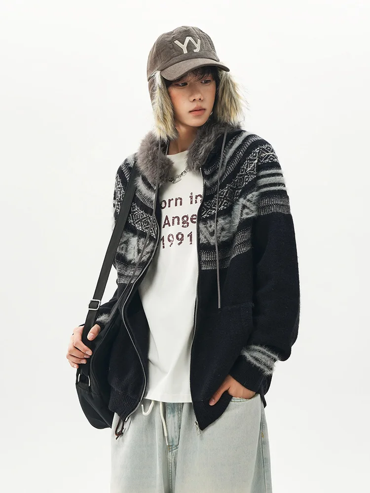 2025 New American Retro Autumn Winter Sweater Stylish Men's Youth Trendy Hooded Knitted Cardigan Jacket Couple Matching