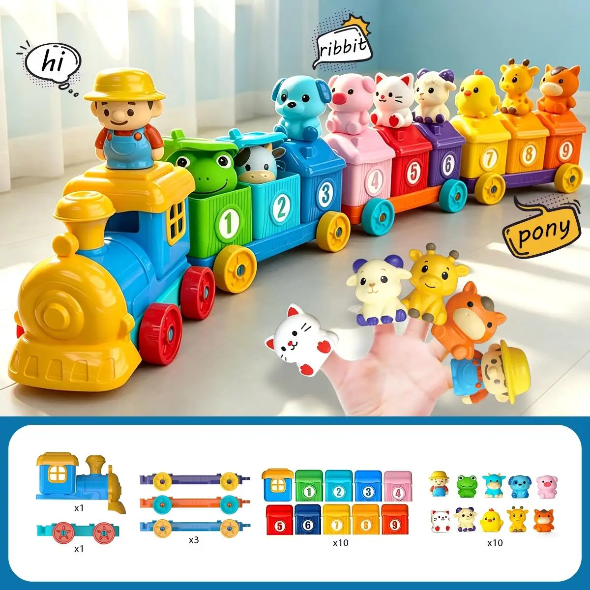 Montessori Toy Farm Train Set for Toddlers Farm Animals Finger Puppets Color Matching Game Stacking Blocks Gifts for Ages 1-3 view 6