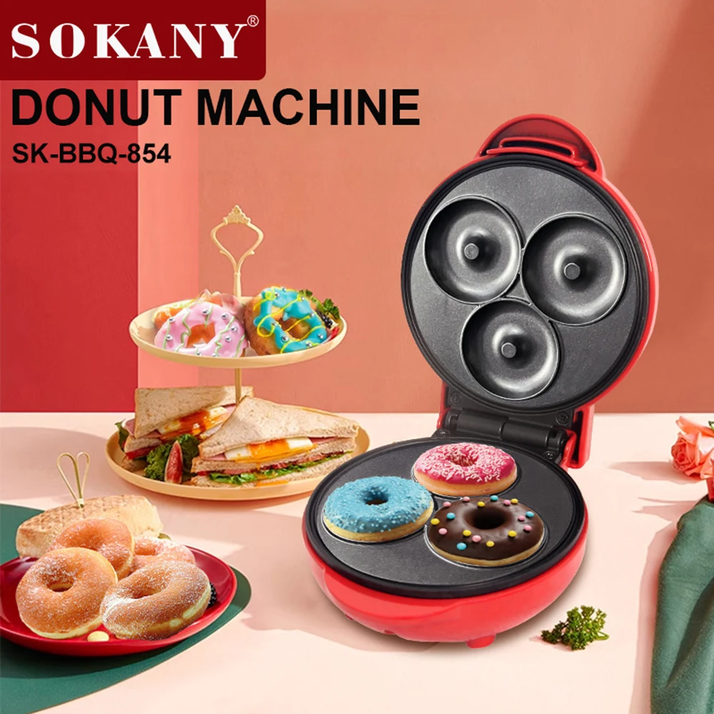 Donut Making Machine, 3-hole Design Double-sided Circulating Heating Non-stick Surface, Suitable for Desserts, Snacks, Breakfast