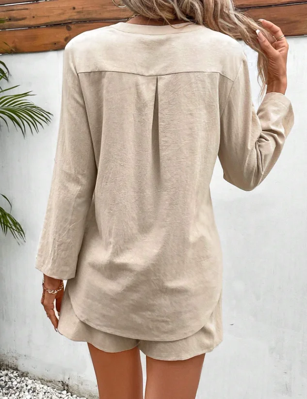 Summer women\'s two-piece set new cotton linen solid color V-neck pocket top drawstring shorts set 2024 fashionable casual women