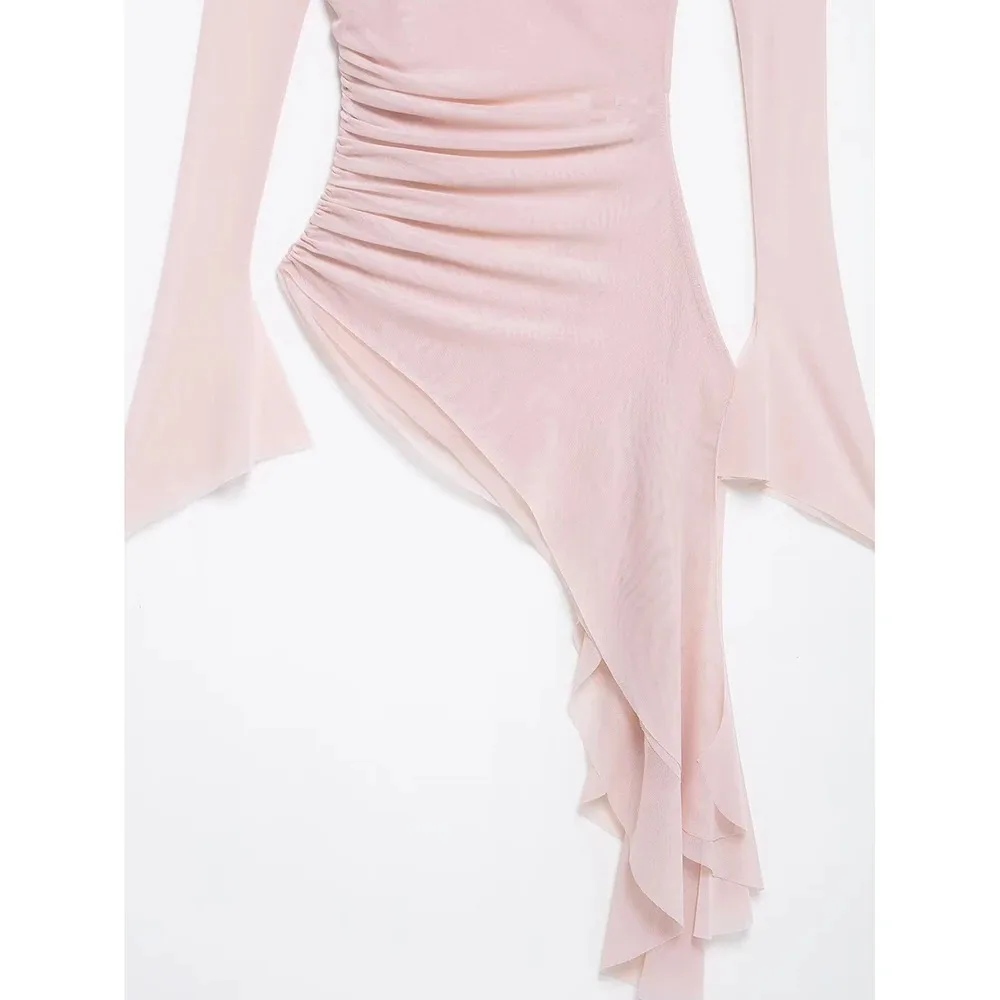 Nuovo Top asimmetrico in maglia di seta da donna Casual collo a barchetta senza spalline Slim Knit Manica lunga 2025 Primavera Estate Tulle Plissettato Top