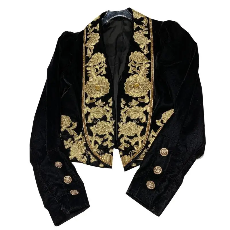 Baroque Style 2025 Spring New Heavy Embroidered Flower Socialite Black Velvet Small Suit Notched Short Jacket