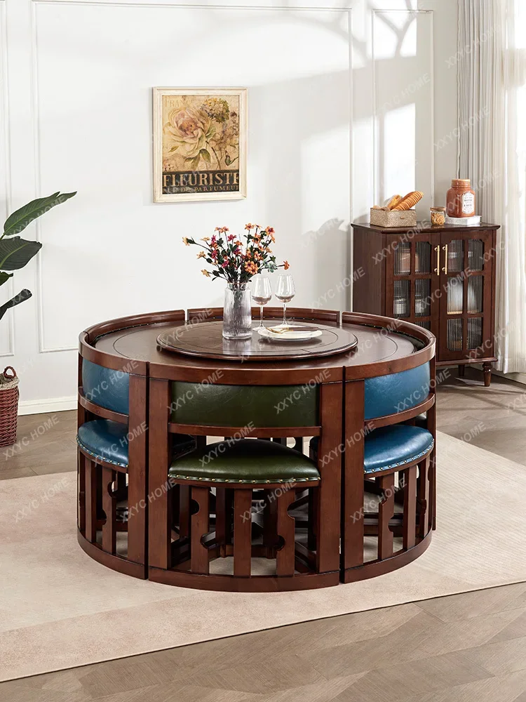 Chinese Style Dining Tables and Chairs Set Living Room Solid Wood a Table with Six Chairs American Marble Stone Plate