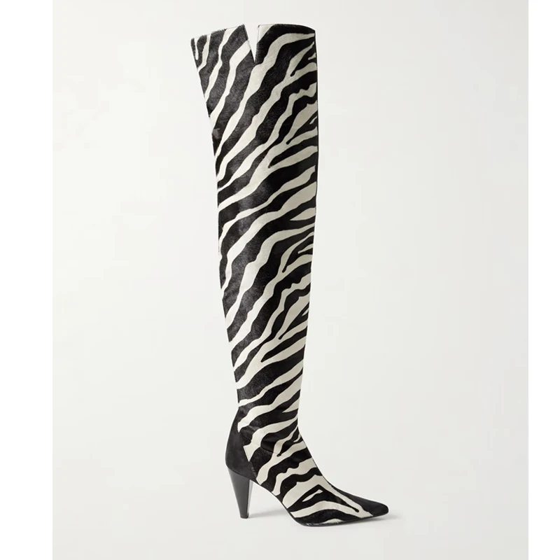 Zebra Print Pointed Toe Conical Heel Over-The-Knee Boots Woman Winter 2026 Side Zipper High Heel Thigh High Boots Fashion Shoes - view 2